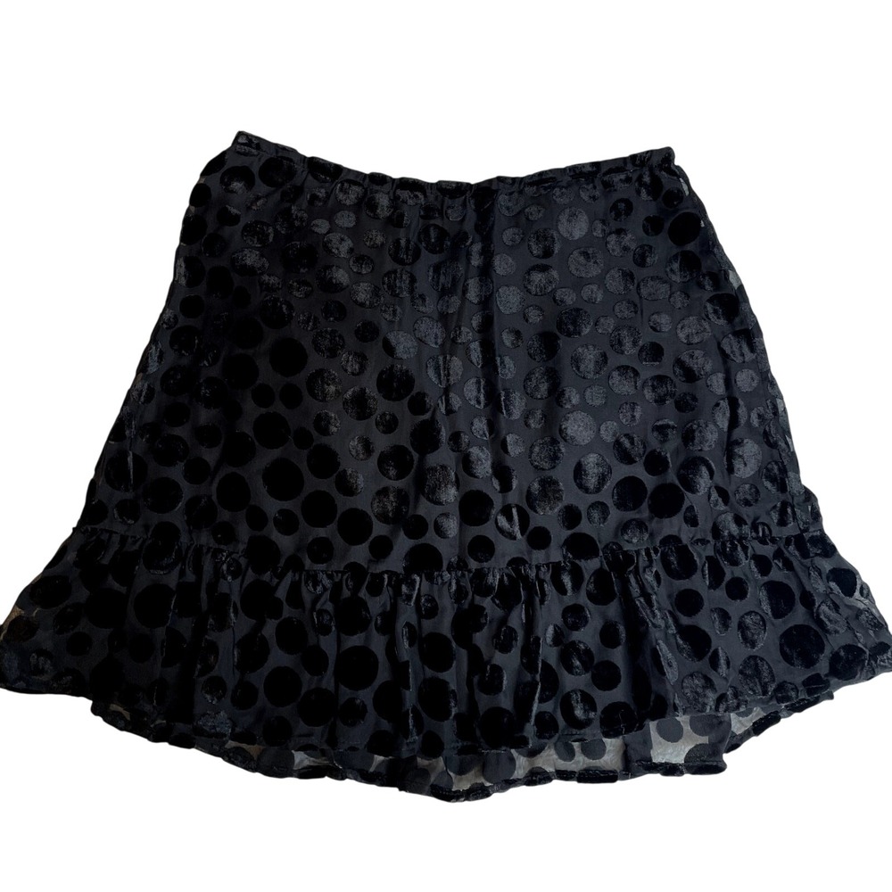 Lulus Black Velvet Polka Dot Ruffle Mini Skirt‎ Size S - Picture 2 of 5